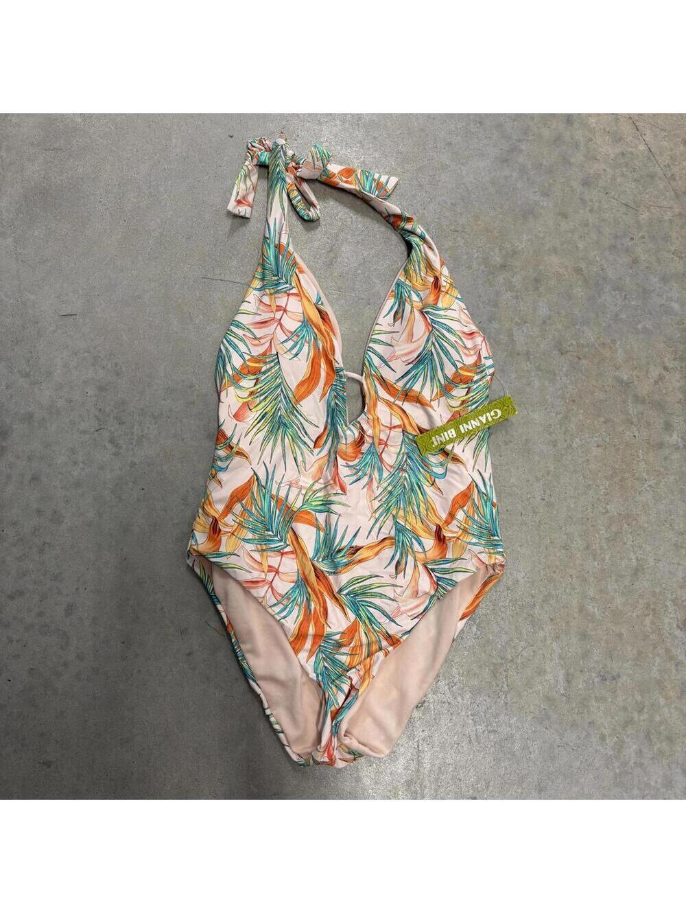 NWT Gianni Bini Pastel Pink Tropical Print Halter Top One Piece Swim Suit Beach
